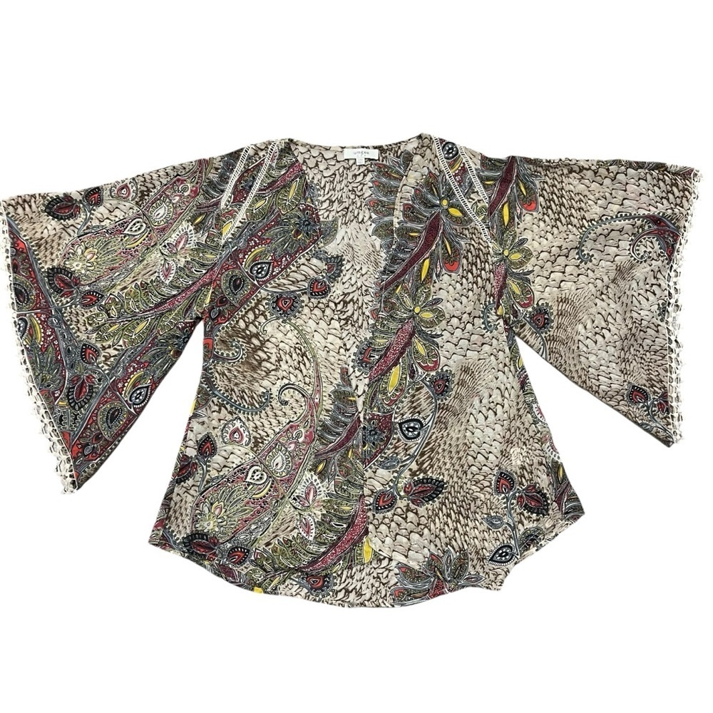 Umgee Size S/M Boho Festival Kimono Semi Sheer Open Front Caftan Cover Up Tan